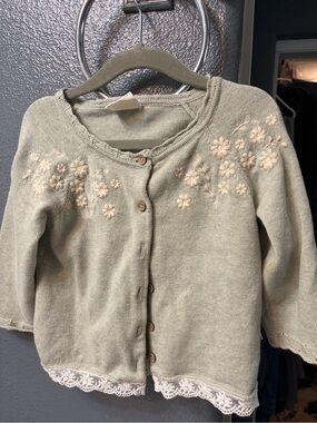 Embroidered Sage Green Cardigan with Lace Trim